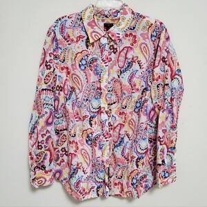 Talbots Plus Button Up Shirt 2X Blue Pink Floral Paisley Long Sleeve Roll Tab